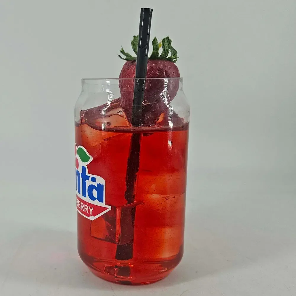 Display Prop Faux glass of strawberry Fanta w straw n ice cubes Realistic